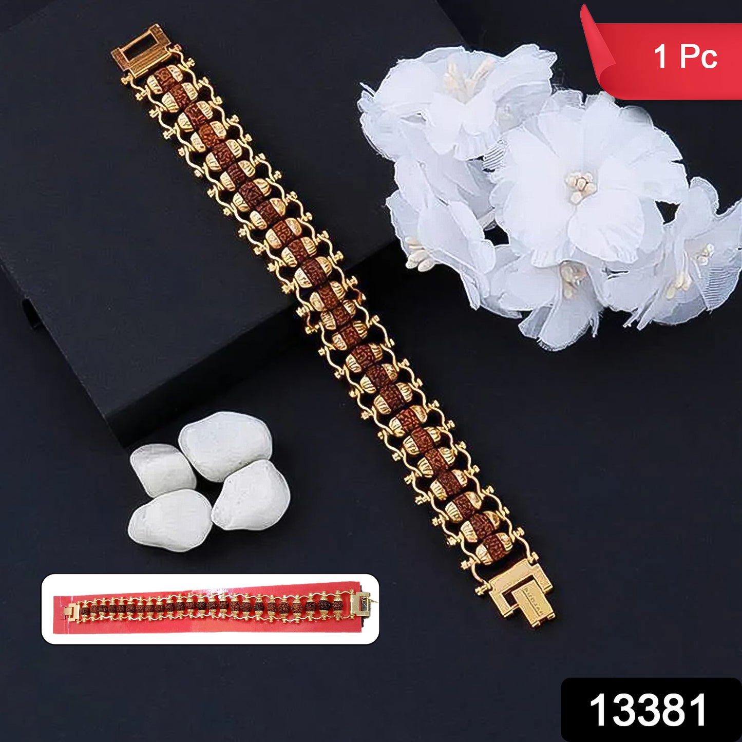 Rudraksha Rakhi For Brother Golden Modern Rudraksha Bracelet Rakhi (1 Pc)