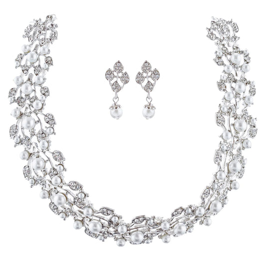 Bridal Wedding Jewelry Set Rhinestone Pearl Leaf White